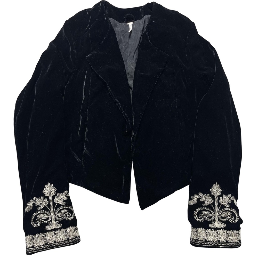 Free People Blazer Jacket Womens Small Black Velvet Embroidered Paisley Boho